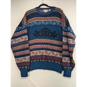 Campus Big 3X Sweater Men Vintage Acrylic Blue Red Fair Isle Knit Crew Neck